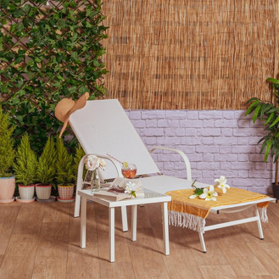 Harbour Housewares - Sussex Sun Loungers and Table Set - 2 Garden Adjustable Loungers with 1 Side Table - Modern Design - White - 4