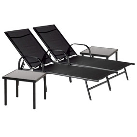 Harbour Housewares - Sussex Sun Loungers and Table Set - 2 Garden Adjustable Loungers with 2 Side Table - Modern Design - Black