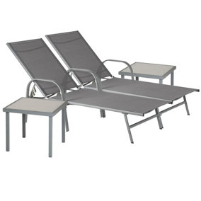 Harbour Housewares - Sussex Sun Loungers and Table Set - 2 Garden Adjustable Loungers with 2 Side Table - Modern Design - Grey