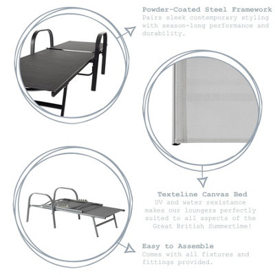 Harbour Housewares - Sussex Sun Loungers and Table Set - 2 Garden Adjustable Loungers with 2 Side Table - Modern Design - Grey