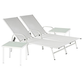 Harbour Housewares - Sussex Sun Loungers and Table Set - 2 Garden Adjustable Loungers with 2 Side Table - Modern Design - White