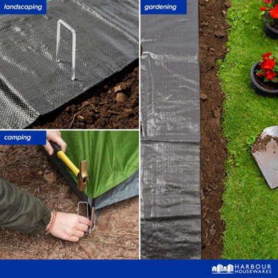 Harbour Housewares Noir 2m X 25m 110gsm Membrane De Contrôle Des Mauvaises Herbes Set Avec Chevilles Et Assiettes - À Toute épreuve Jardin Tissu Herbe Couverture De Sol Feuille Rouler