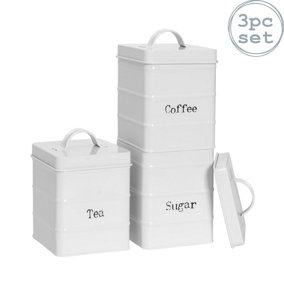Harbour Housewares - Vintage Metal Kitchen Tea Coffee Sugar Canisters - White