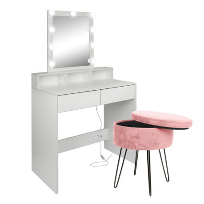 Harbour Housewares Wooden Dressing Table Set with LED Lights & Pink Stool -  White