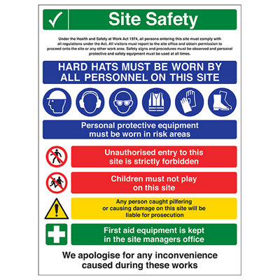 Hard Hats Building Site Sign Multi Hazard Rigid Plastic 450x600mm (x3)