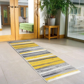 Hard Wearing Hessian Backed Stair Runner Kitchen Mat- Texas Abstract Lines Yellow, Grey & White - 60x900CM (2'X30')