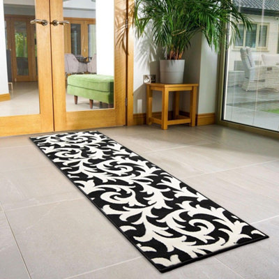 Hard Wearing Hessian Backed Stair Runner Kitchen Mat - Texas Black & White Filigree - 60x120CM (2'X4')