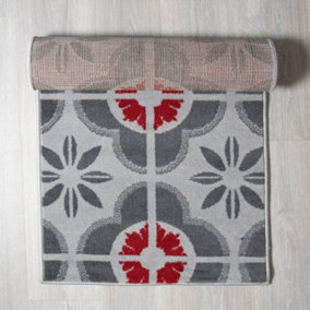 Hard Wearing Hessian Backed Stair Runner Kitchen Mat - Texas Red & Grey Floral - 60x150CM (2'X5')
