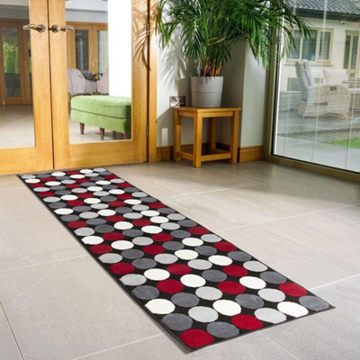 Hard Wearing Hessian Backed Stair Runner Kitchen Mat - Texas Red & Grey Spots - 60x180CM (2'X6')