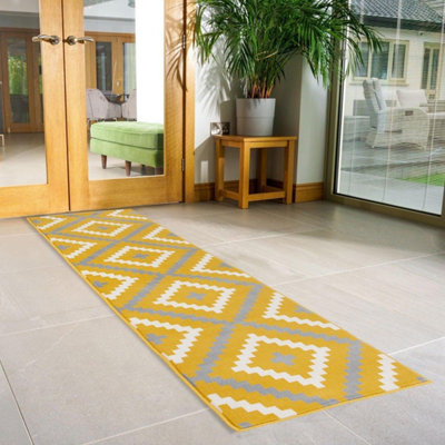 Hard Wearing Hessian Backed Stair Runner Kitchen Mat - Texas Yellow & Grey Geometric Tiles - 60x240CM (2'X8')