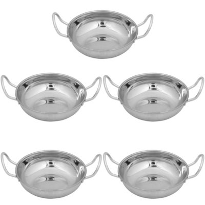 Hardys 15cm Curry Serving Dish, Set of 5 - Stainless Steel, Balti Serving Dish with Handles, Deep Round Bottom - 15cm Diameter