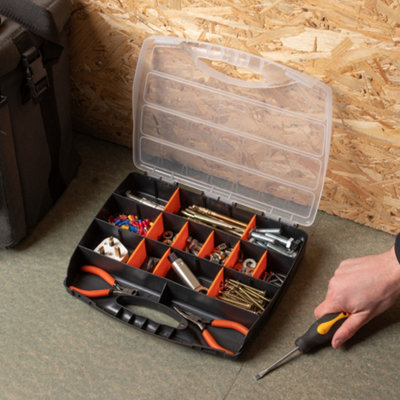 Hardys 21 Compartment Organiser - Small Tool, Screw, Nail Storage with 3 Rows, 18 Dividers, Slimline and Stackable - 310x250x50mm