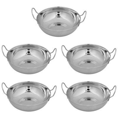 Hardys 21cm Curry Serving Dish, Set of 5 - Stainless Steel, Balti Serving Dish with Handles, Deep Round Bottom - 21cm Diameter