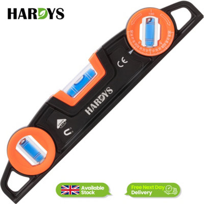 Hardys 245mm Torpedo Spirit Level - Plumb/Level/Angle Finder Vial, Strong Magnetic Base - Die-cast Aluminium Body
