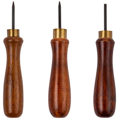 Hardys 3pc Bradawl Set - Square Point, Round Point, Chisel Point, Carbon Steel Heads and Wooden Handle - 5 inch (127mm)