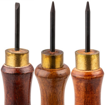 Hardys 3pc Bradawl Set - Square Point, Round Point, Chisel Point, Carbon Steel Heads and Wooden Handle - 5 inch (127mm)