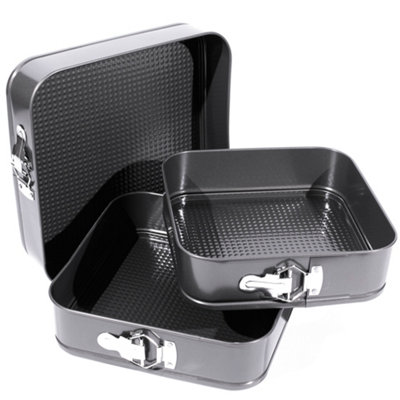 Hardys 3pc Non Stick Baking Springform Square Cake Tin Tray Pan Set Kit Spring Loaded