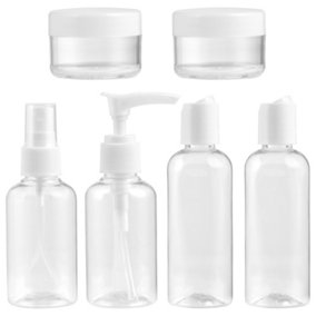Hardys 7 Piece Travel Toiletry Set - 100ml Bottles, 75ml Pump Dispenser, 25ml Jars, Clear BPA Free Plastic with Clear Travel Bag