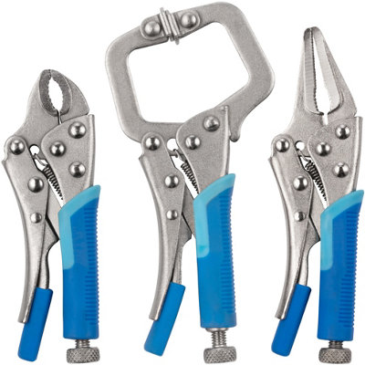 Hardys Mini Locking-Jaw Plier Set - 4" Curved, 5" Long Nose, 5" C Clamp Pliers, Adjustable Heads, Quick Release Lever Mole Grips