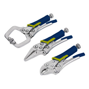 Hardys Mini Locking-Jaw Plier Set - 4" Curved, 5" Long Nose, 5" C Clamp Pliers, Adjustable Heads, Quick Release Lever Mole Grips