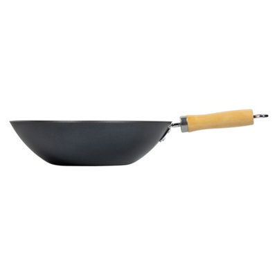 Hardys Traditional Wok - Carbon Steel Non-Stick Wok, Flat Bottom, Wooden Handle, Suitable for Gas & Electric Hobs - 30cm, 3L