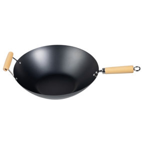 Hardys Traditional Wok - Carbon Steel Non-Stick Wok, Flat Bottom, Wooden Handle, Suitable for Gas & Electric Hobs - 35cm, 5L