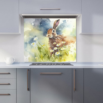 Hare And Daisies Watercolour Premium Glass Kitchen Splashback W600mm x H600mm