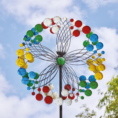 Harlequin Illuminated Wind Spinner with Solar Powered Crackle Globe -  Garden Decoration with Multicoloured LED Light - H213 x 58cm