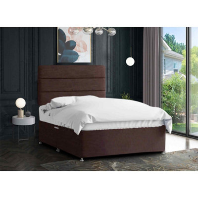 Harmony Divan Bed Set with Tall Headboard and Mattress - Chenille Fabric, Brown Color, 2 Drawers Right Side