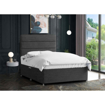 Harmony Divan Bed Set with Tall Headboard and Mattress - Chenille Fabric, Charcoal Color, 2 Drawers Right Side