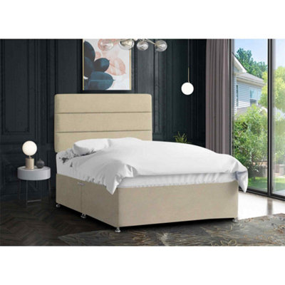 Harmony Divan Bed Set with Tall Headboard and Mattress - Chenille Fabric, Cream Color, 2 Drawers Left Side