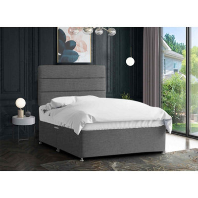 Harmony Divan Bed Set with Tall Headboard and Mattress - Chenille Fabric, Silver Color, 2 Drawers Right Side