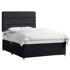 Harmony Divan Bed Set with Tall Headboard and Mattress - Crushed Fabric, Black Color, 2 Drawers Left Side
