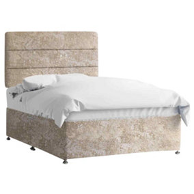 Harmony Divan Bed Set with Tall Headboard and Mattress - Crushed Fabric, Cream Color, 2 Drawers Left Side
