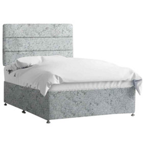 Harmony Divan Bed Set with Tall Headboard and Mattress - Crushed Fabric, Silver Color, 2 Drawers Left Side
