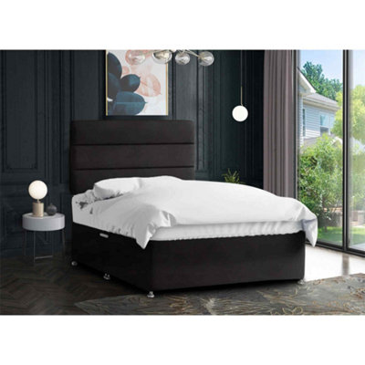 Harmony Divan Bed Set with Tall Headboard and Mattress - Plush Fabric, Black Color, 2 Drawers Left Side