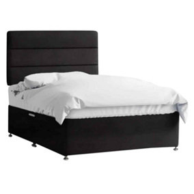 Harmony Divan Bed Set with Tall Headboard and Mattress - Plush Fabric, Black Color, 2 Drawers Right Side