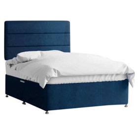 Harmony Divan Bed Set with Tall Headboard and Mattress - Plush Fabric, Blue Color, 2 Drawers Left Side