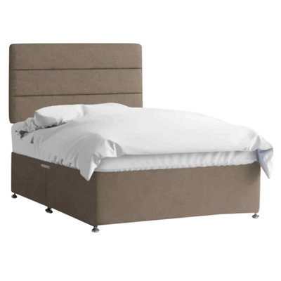 Harmony Divan Bed Set with Tall Headboard and Mattress - Plush Fabric, Mink Color, 2 Drawers Left Side