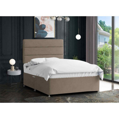 Harmony Divan Bed Set with Tall Headboard and Mattress - Plush Fabric, Mink Color, 2 Drawers Right Side