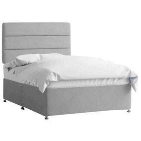 Harmony Divan Bed Set with Tall Headboard and Mattress - Plush Fabric, Silver Color, 2 Drawers Left Side