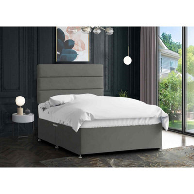 Harmony Divan Bed Set with Tall Headboard and Mattress - Plush Fabric, Steel Color, 2 Drawers Left Side