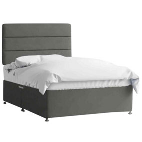 Harmony Divan Bed Set with Tall Headboard and Mattress - Plush Fabric, Steel Color, 2 Drawers Right Side