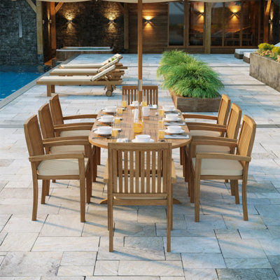 Harpa Teak Garden Dining Table & 8 Seat Chair Set - With Green Cushions