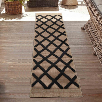 Harper Aztec Pattern Water Resistant Garden Rug Indoor Outdoor Area Rugs Black 60x220 cm