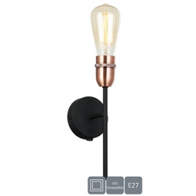 Harper Living 1xE27/ES Up Wall Light with On and Off Switch, Black with Copper Finish, 40 Watts