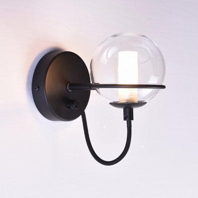 HARPER LIVING 1xG9 Up Wall Light with On/Off Switch, Matt Black Finish, Globe Shaped Glass Shade