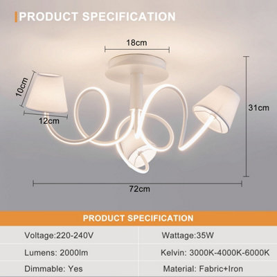HARPER LIVING 3 Lights LED Chandelier Ceiling Light, 72CM Large Semi Flush Mount Ceiling Lamp with 3 Fabric Shades, 32 W 2000LM