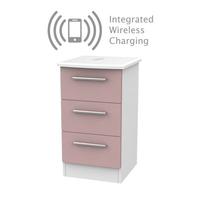 Harrow 3 Drawer Bedside  - WIRELESS CHARGING in Kobe Pink & White (Ready Assembled)