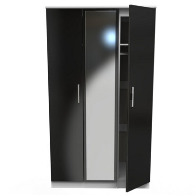 Harrow Triple Mirror Wardrobe in Black Gloss & White (Ready Assembled)